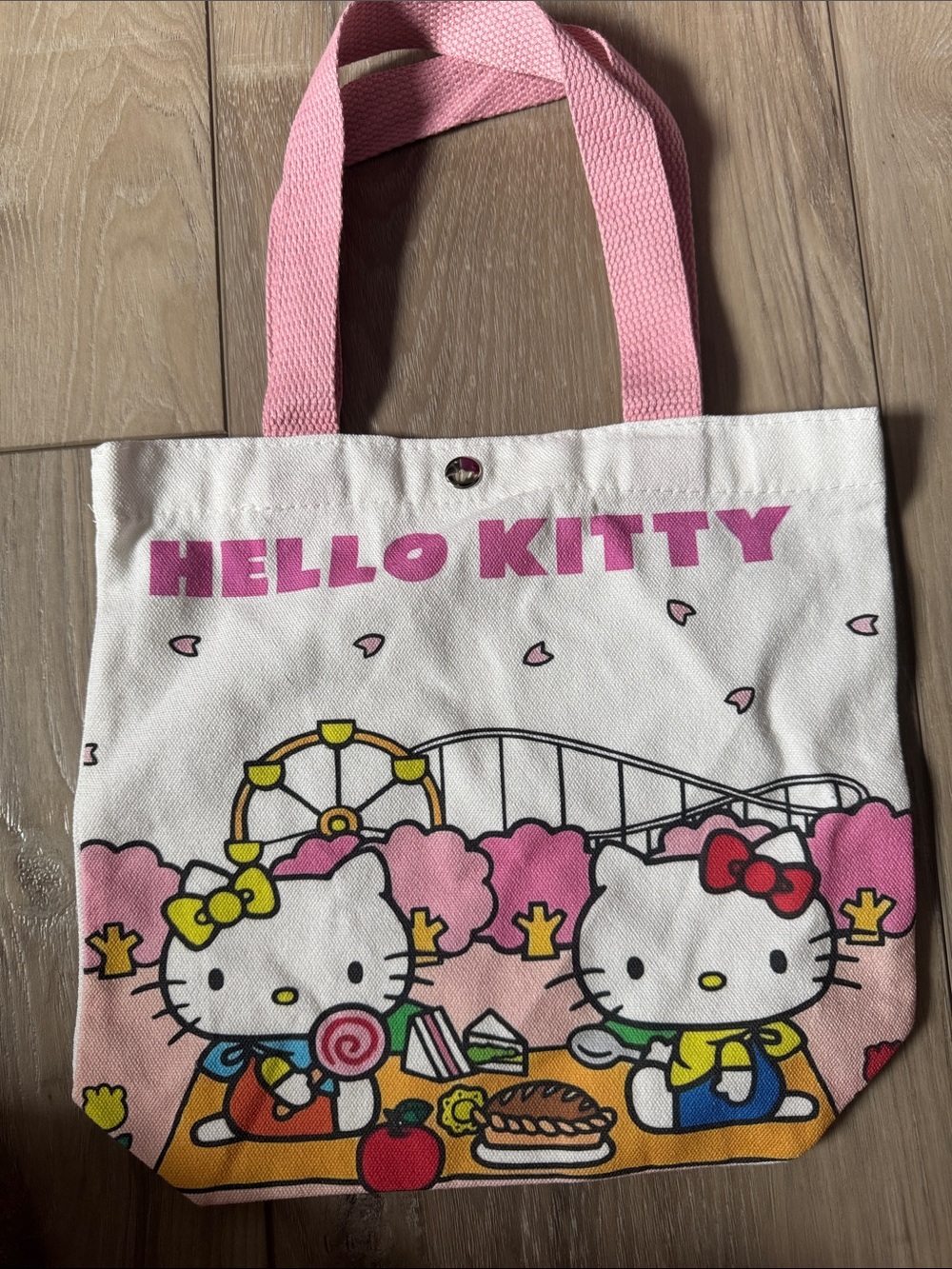 Hello Kitty Pink and White Canvas Kids Tote Bag with Amusement Park Artwork